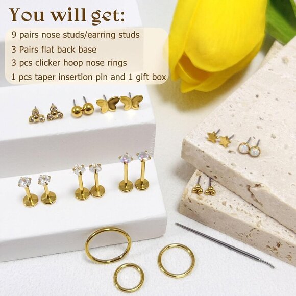 18G Threadless Nose Studs Set Hypoallergenic Stainless Steel Jewelry - Picture 6 of 6